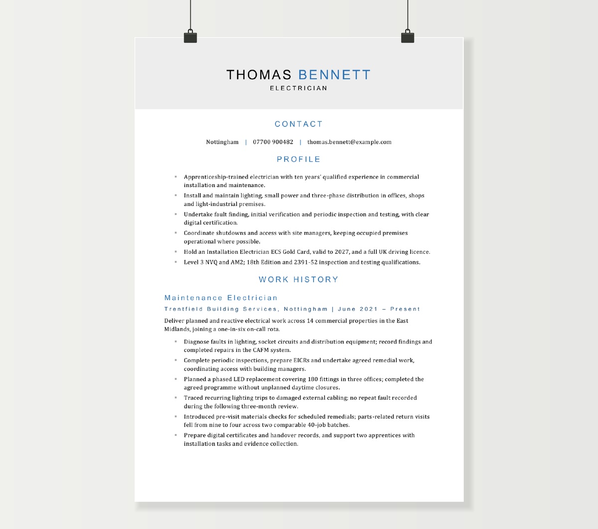 First page of Thomas Bennett’s electrician CV, showing commercial maintenance experience and electrical qualifications