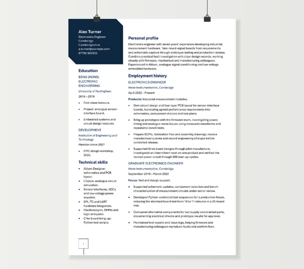 Electronics engineer CV showing Alex Turner’s circuit design experience and technical skills in a navy two-column layout