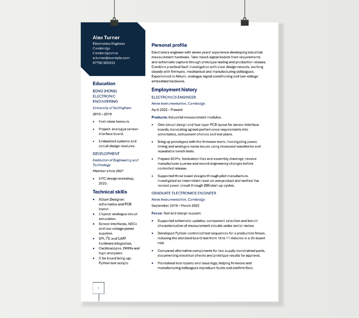 Electronics engineer CV showing Alex Turner’s circuit design experience and technical skills in a navy two-column layout