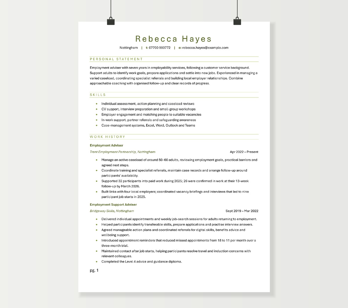 First page of Rebecca Hayes’s employment adviser CV, showing her profile, skills, caseload responsibilities and employment outcomes.