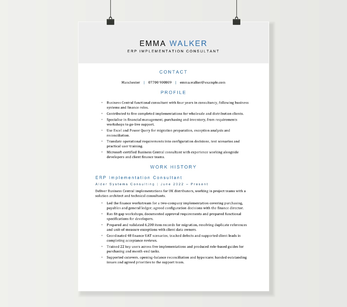 First page of Emma Walker’s ERP implementation consultant CV, showing Business Central experience and project responsibilities
