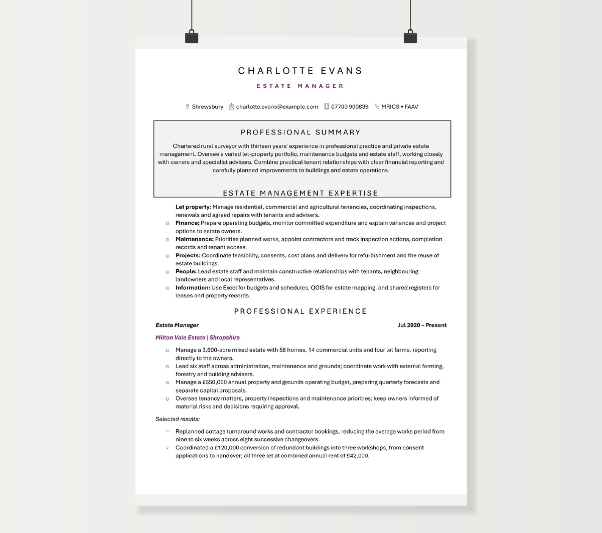 Estate manager CV preview showing Charlotte Evans’s professional profile and rural estate experience