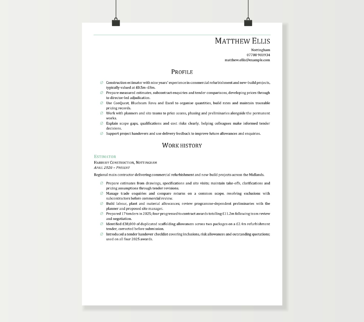 Estimator CV preview showing Matthew Ellis’s construction estimating profile and tender experience
