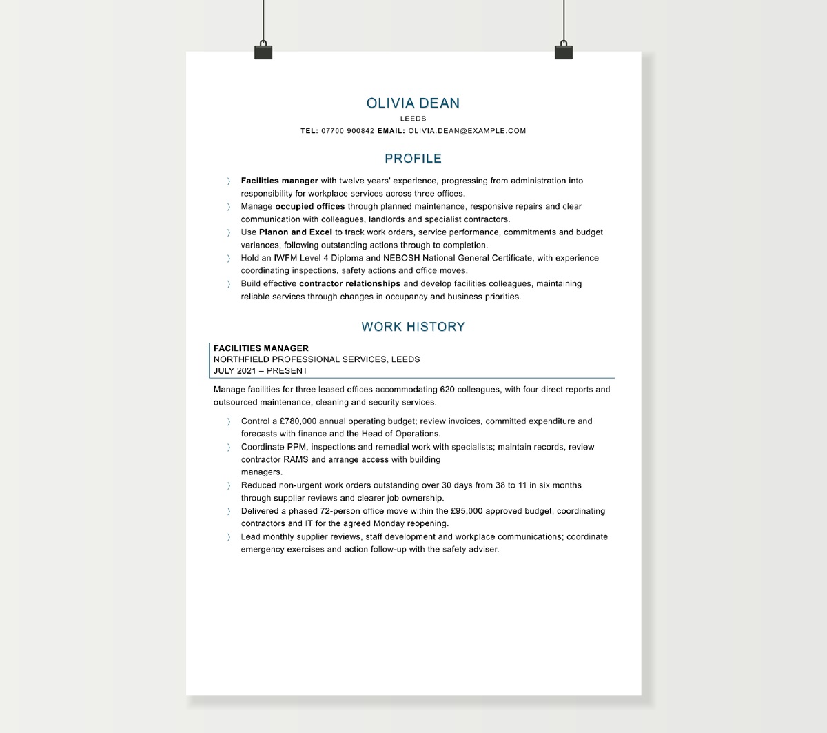 Facilities manager CV preview showing Olivia Dean’s profile and multi-site facilities experience
