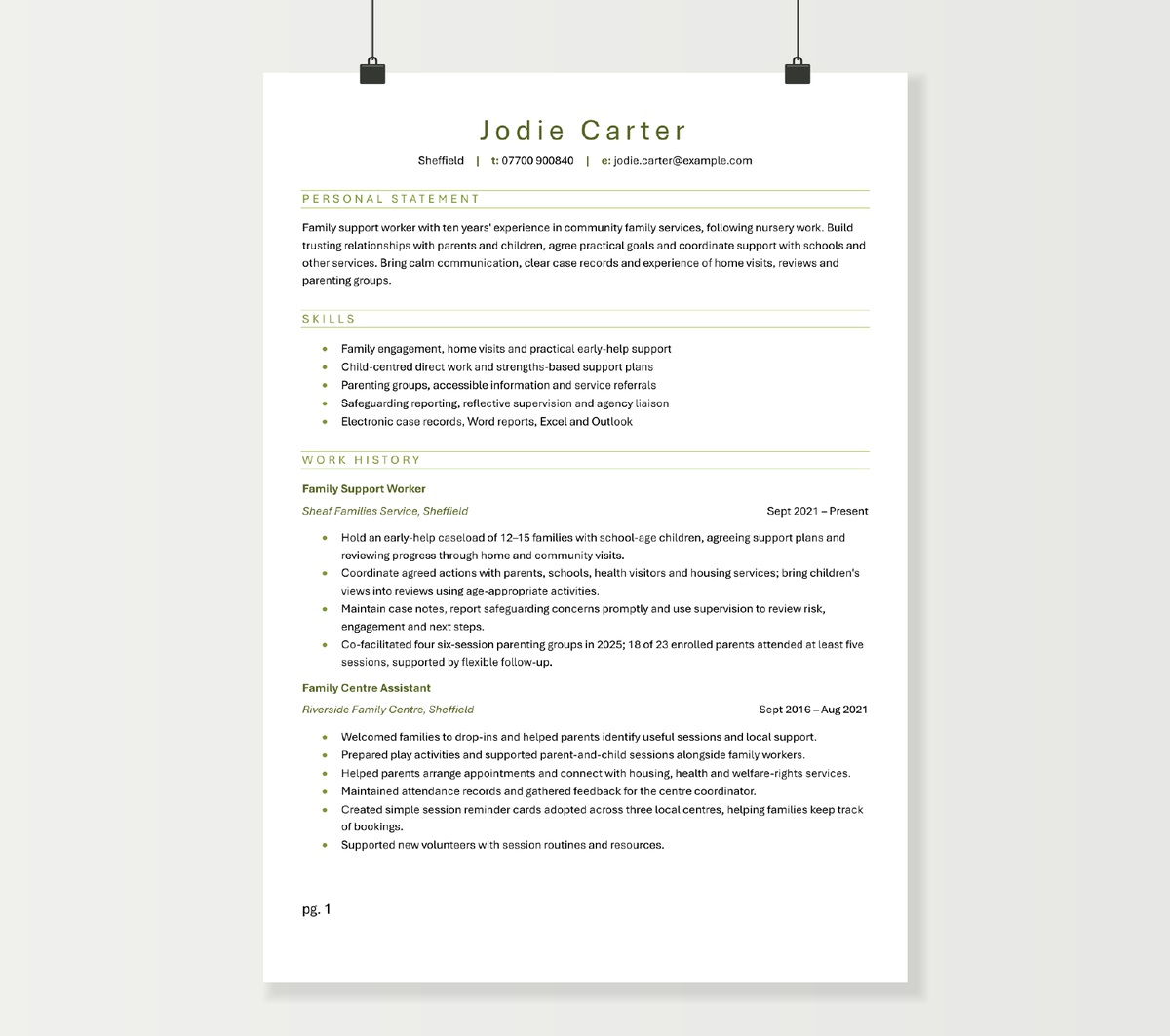 Family support worker CV preview showing Jodie Carter’s profile and work with children and families