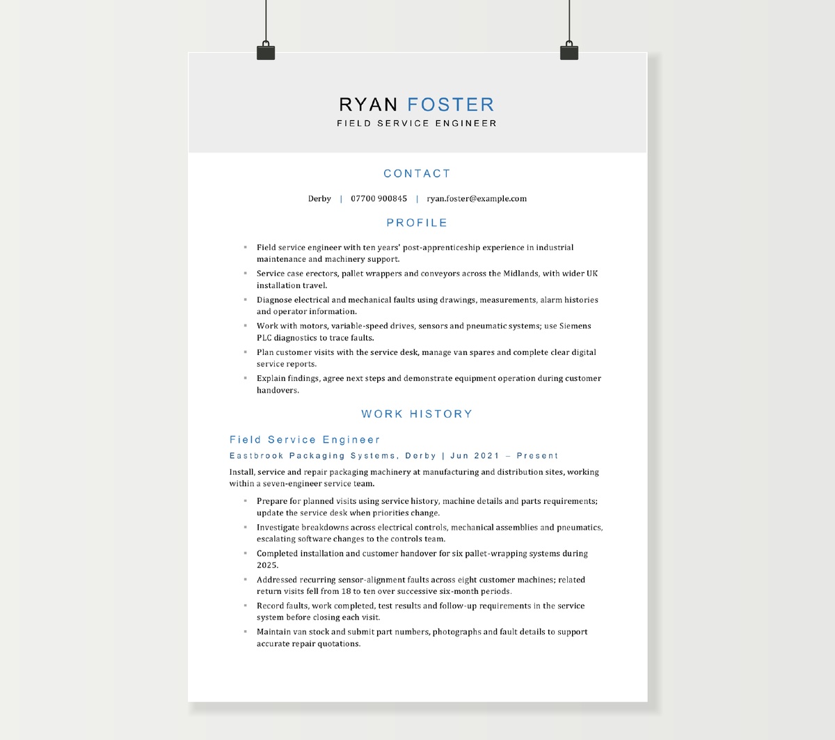 Field service engineer CV preview showing Ryan Foster’s profile and machinery service experience