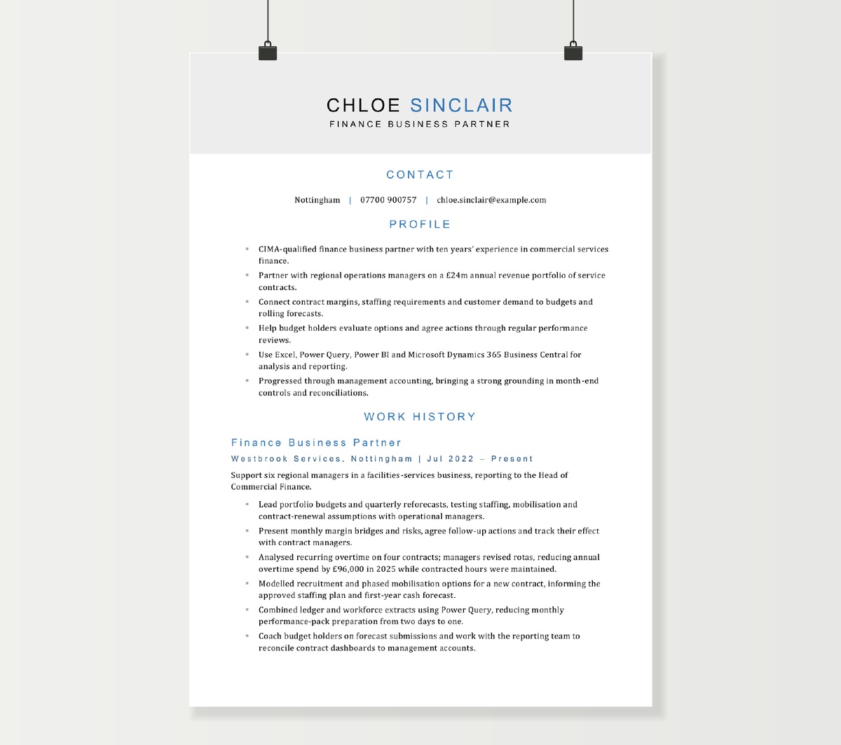 First page of Chloe Sinclair’s finance business partner CV, with a grey name banner and blue section headings.