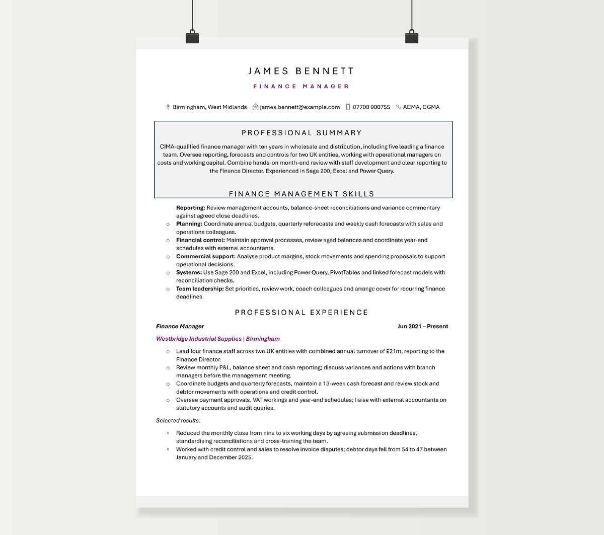 Finance manager CV showing James Bennett’s reporting, financial control and team leadership experience