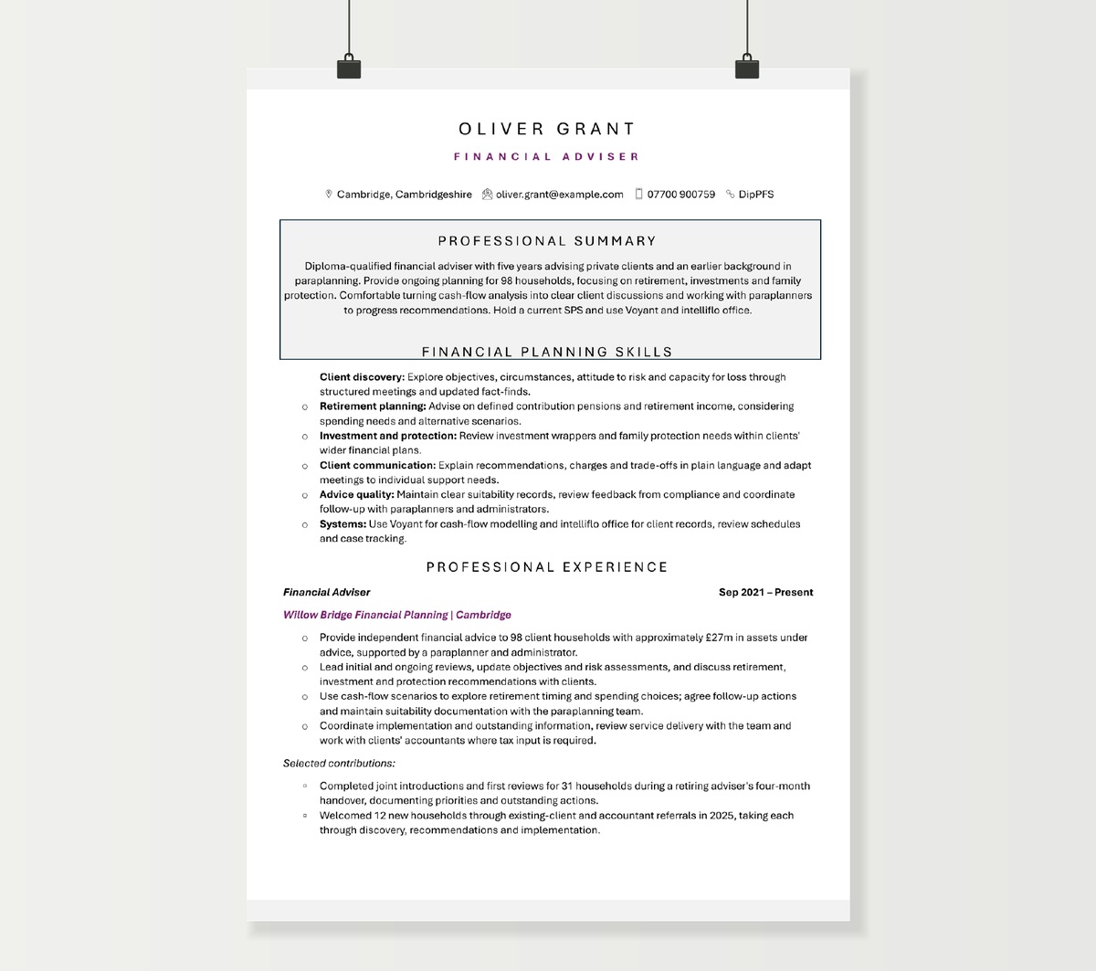 Financial adviser CV example showing Oliver Grant’s planning experience in the purple-accent Word template