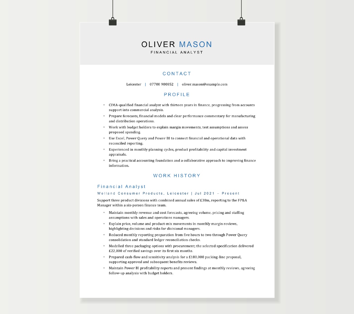 Financial analyst CV preview showing Oliver Mason’s profile and financial planning and analysis experience