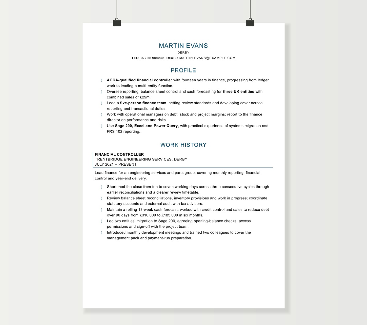Financial controller CV preview showing Martin Evans’s finance leadership experience and ACCA qualification