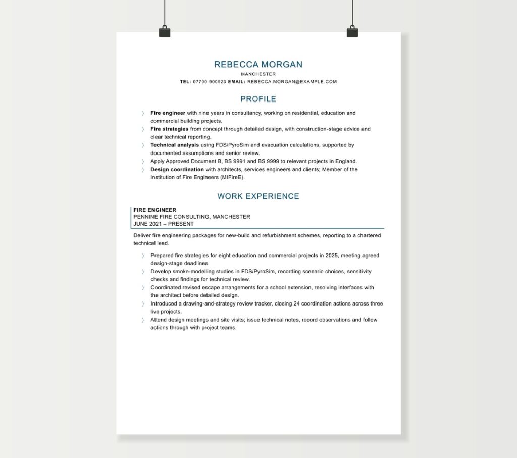 Two-page fire engineer CV showing Rebecca Morgan’s project experience, qualifications and professional development