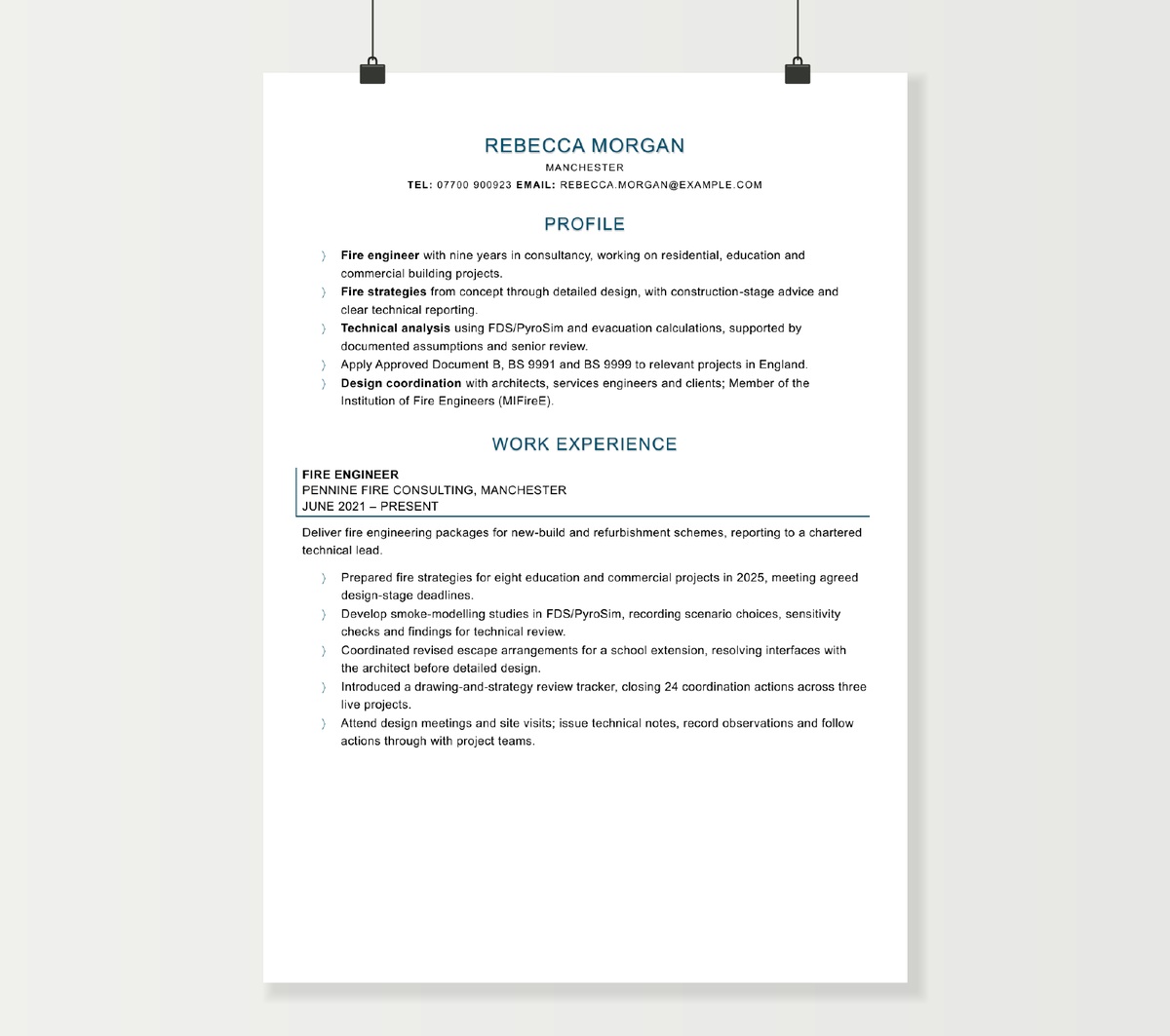 Two-page fire engineer CV showing Rebecca Morgan’s project experience, qualifications and professional development