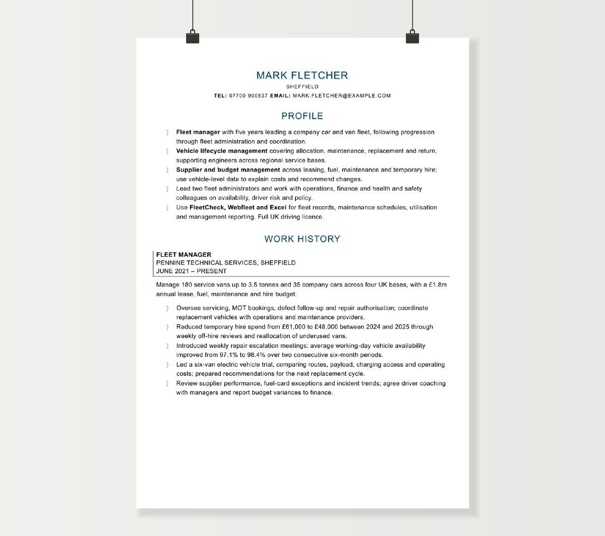 First page of Mark Fletcher’s fleet manager CV, showing his profile and company car and van management experience