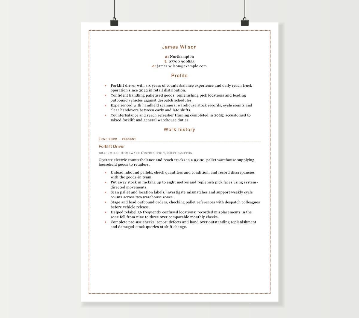 Forklift driver CV preview showing James Wilson’s counterbalance and reach truck experience