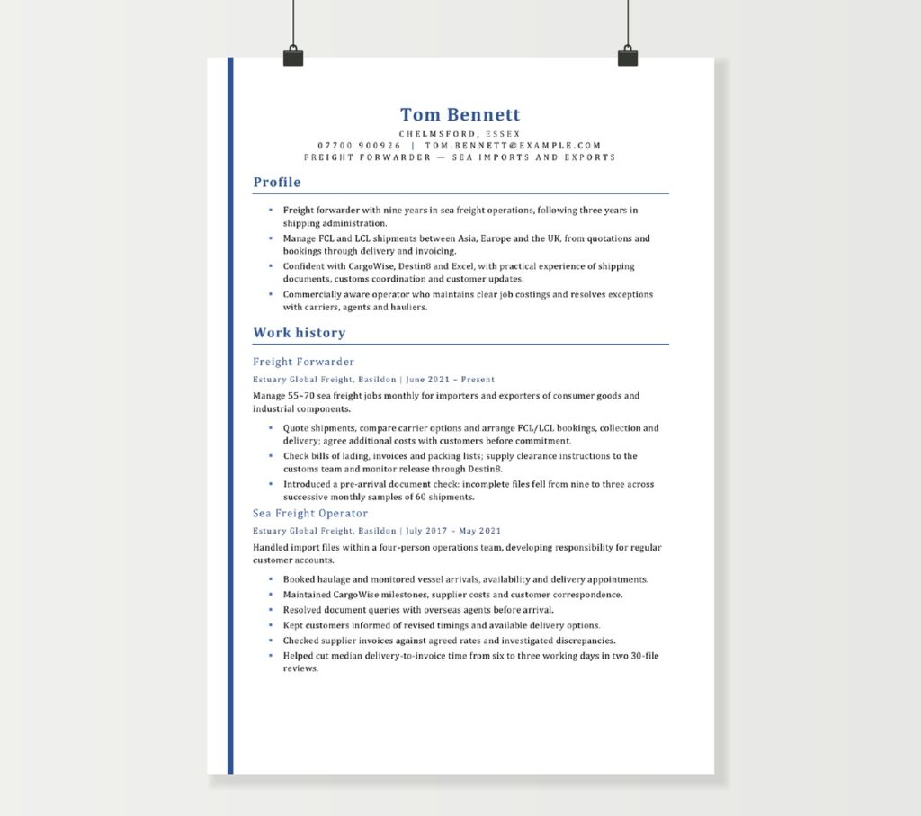 Freight forwarder CV showing Tom Bennett’s sea freight operations, shipment coordination and commercial experience