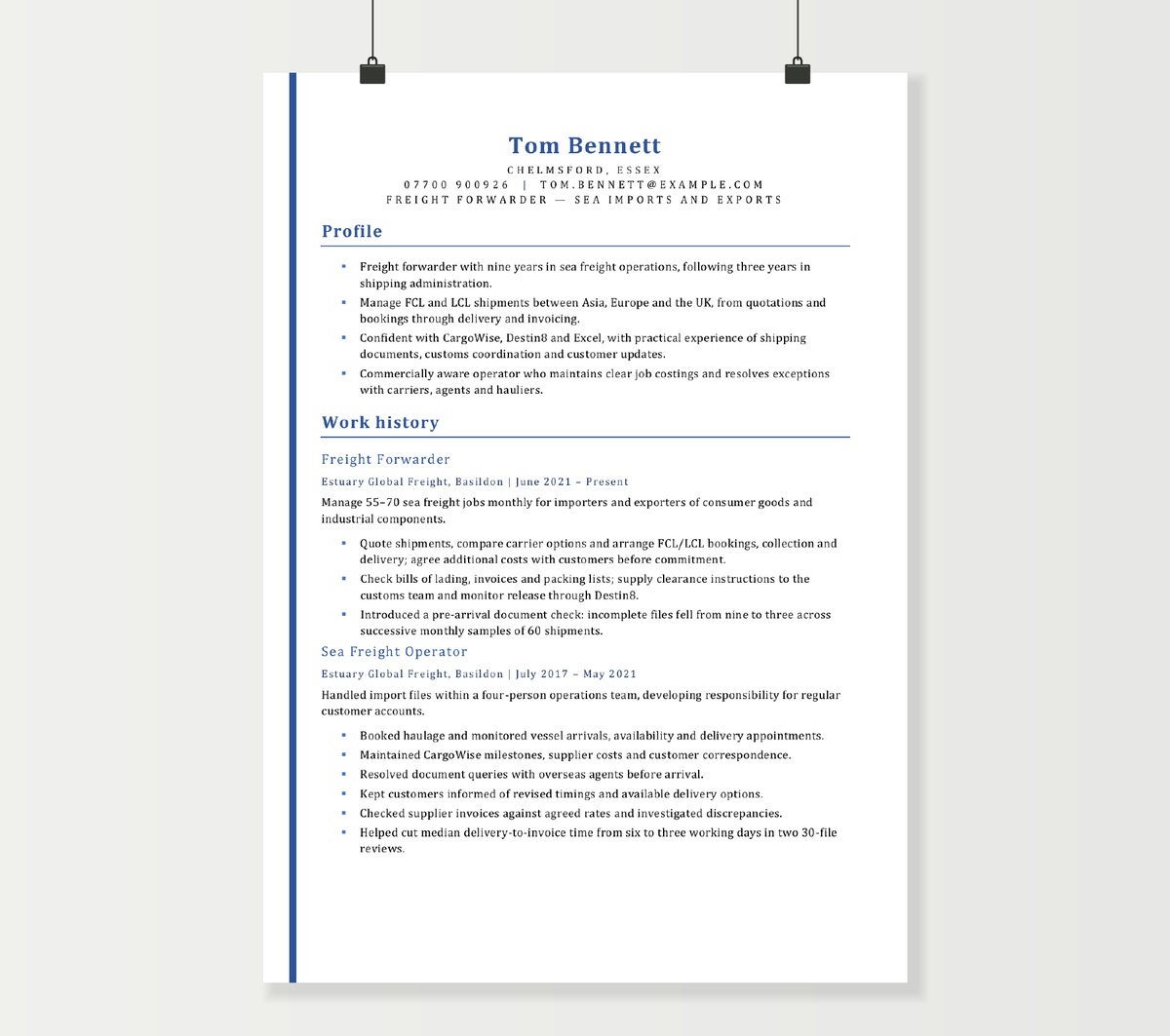 Freight forwarder CV showing Tom Bennett’s sea freight operations, shipment coordination and commercial experience