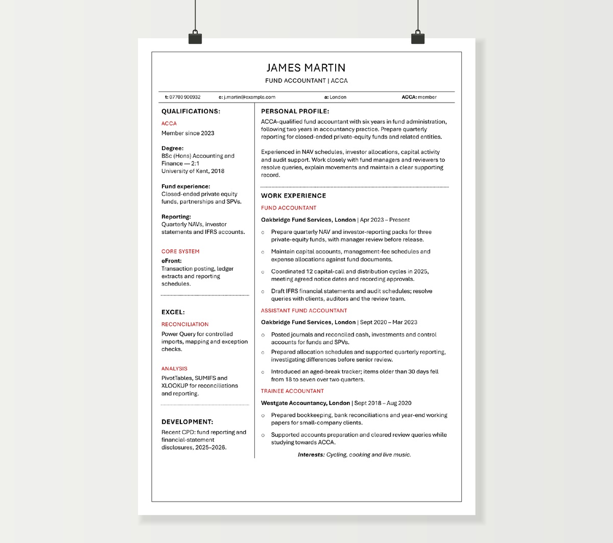 Fund accountant CV showing James Martin’s fund reporting experience, qualifications and Excel skills
