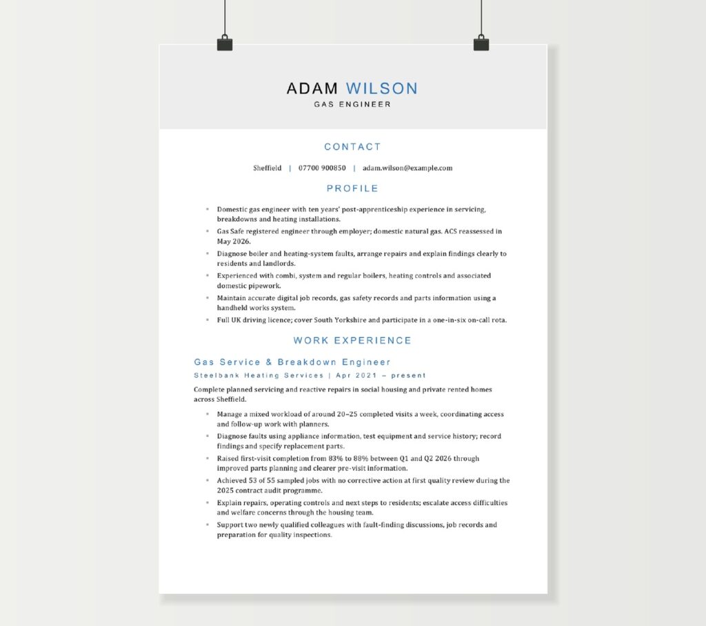 Gas engineer CV preview showing Adam Wilson’s profile and domestic service and breakdown experience