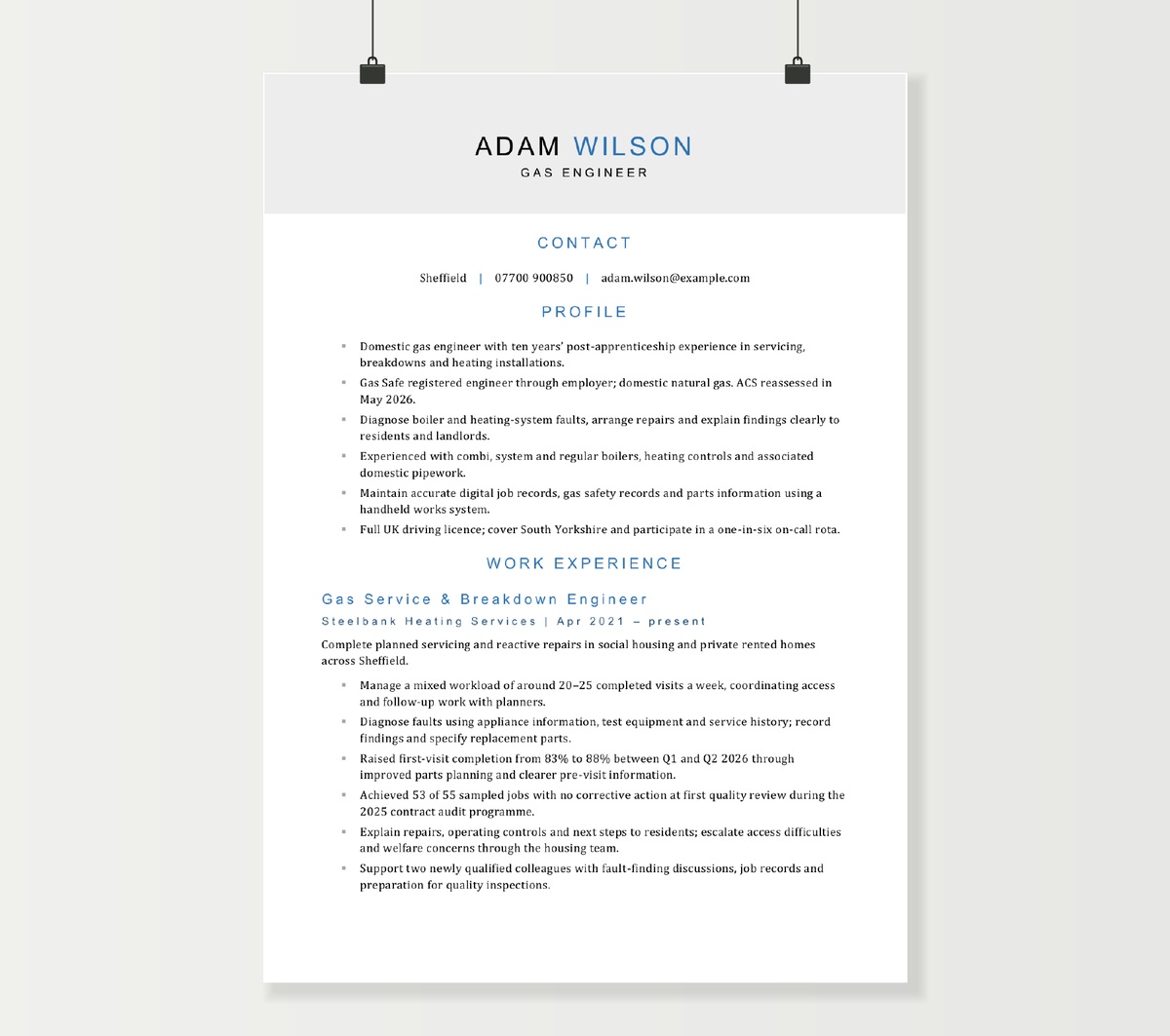 Gas engineer CV preview showing Adam Wilson’s profile and domestic service and breakdown experience