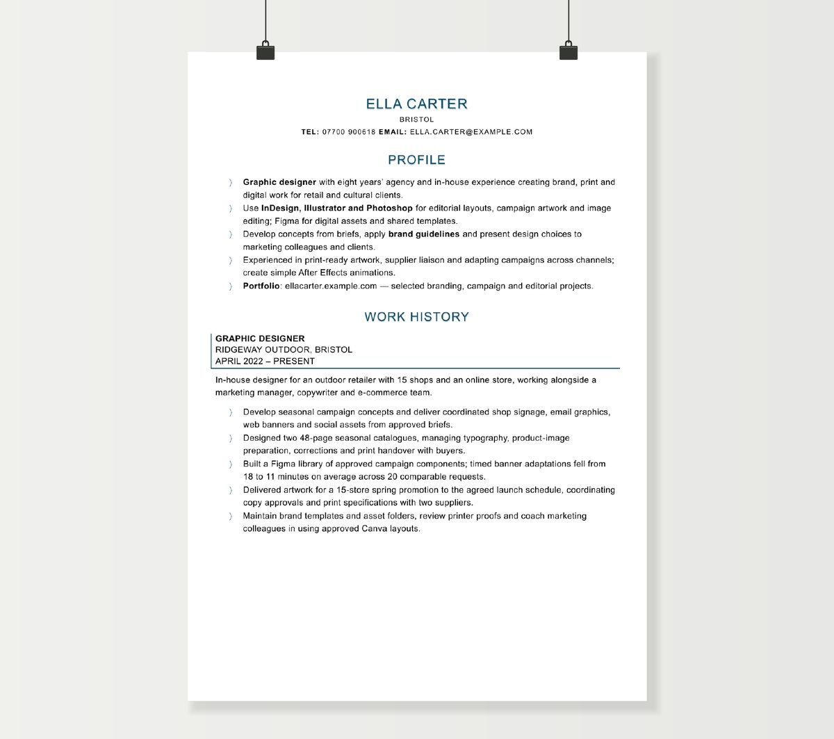 First page of Ella Carter’s graphic designer CV, showing her profile and in-house print and digital design experience