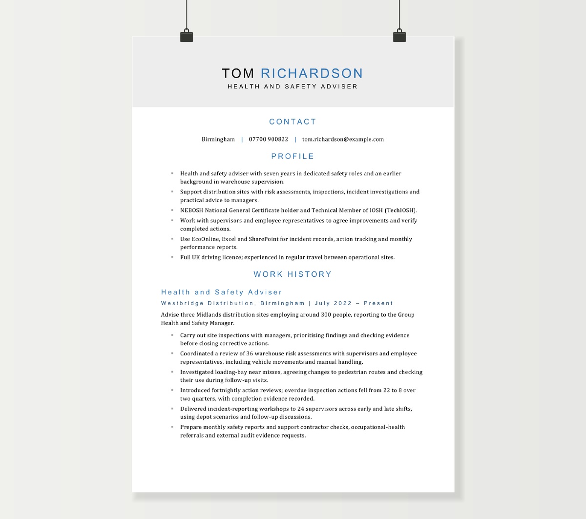 Health and safety adviser CV preview showing Tom Richardson’s profile, qualifications and distribution-site safety experience