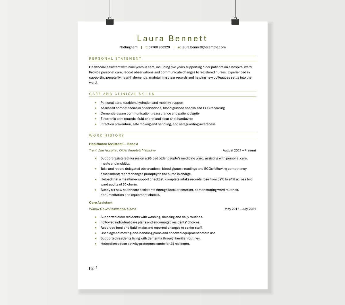 First page of Laura Bennett’s healthcare assistant CV, showing her care skills and hospital ward experience