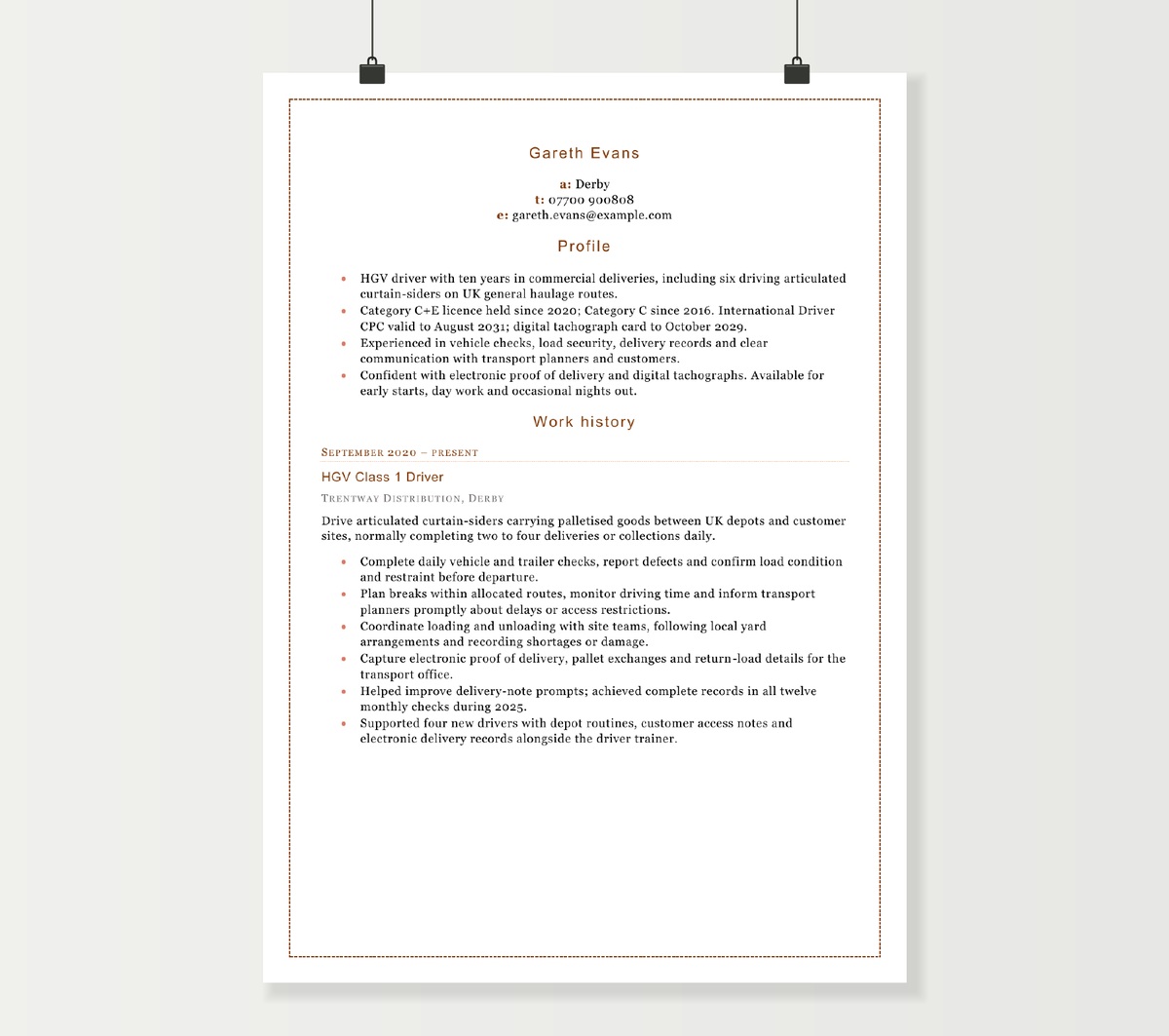 Preview of Gareth Evans’s HGV driver CV showing licence qualifications and Class 1 experience in the bordered Word design