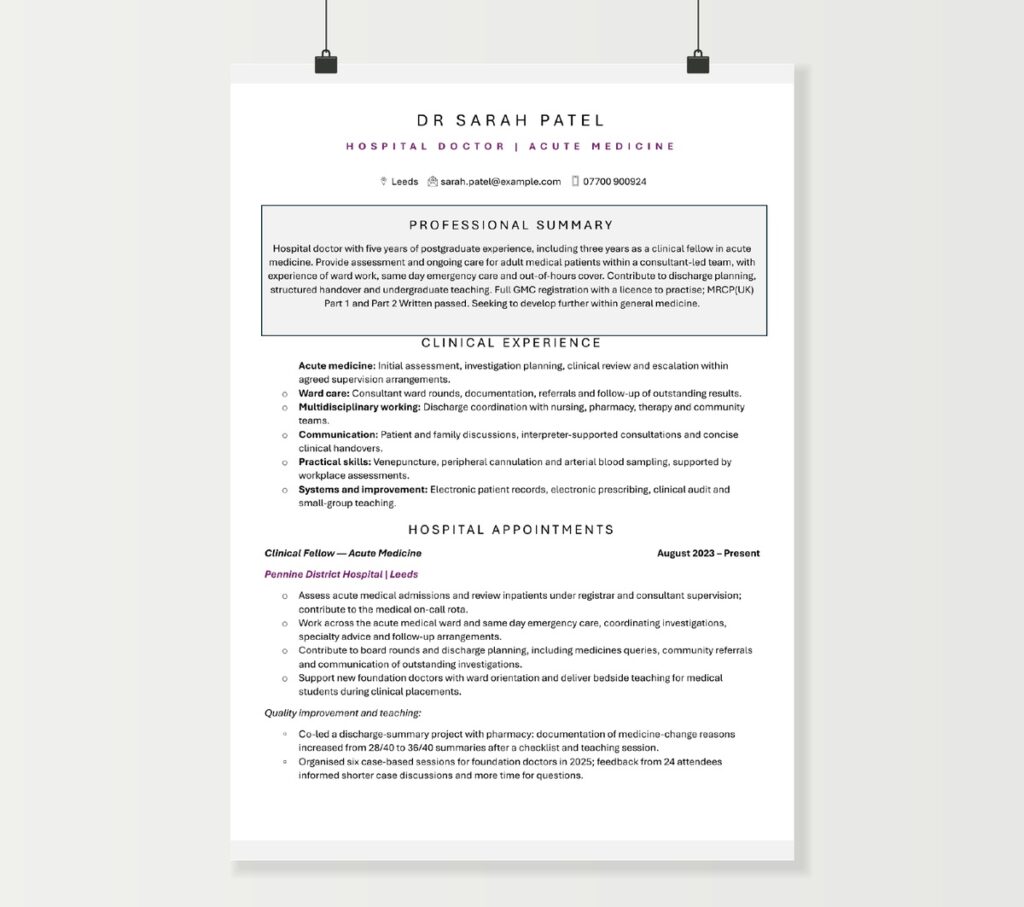 Two-page hospital doctor CV showing Dr Sarah Patel’s clinical appointments, qualifications and improvement work