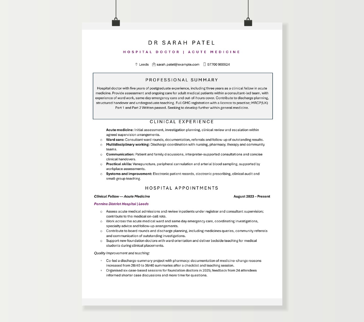 Two-page hospital doctor CV showing Dr Sarah Patel’s clinical appointments, qualifications and improvement work