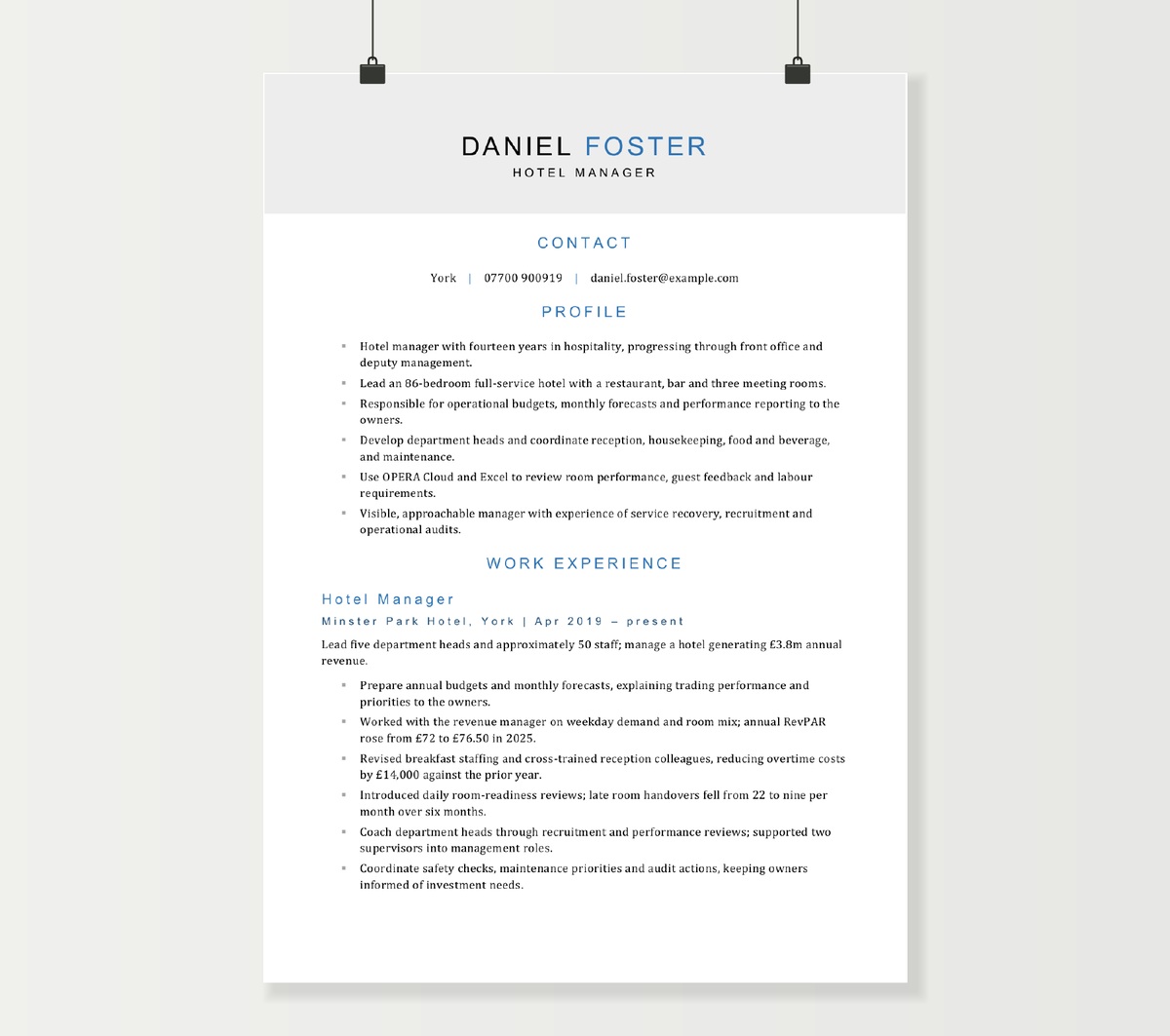First page of Daniel Foster’s hotel manager CV, showing his profile and full-service hotel management experience