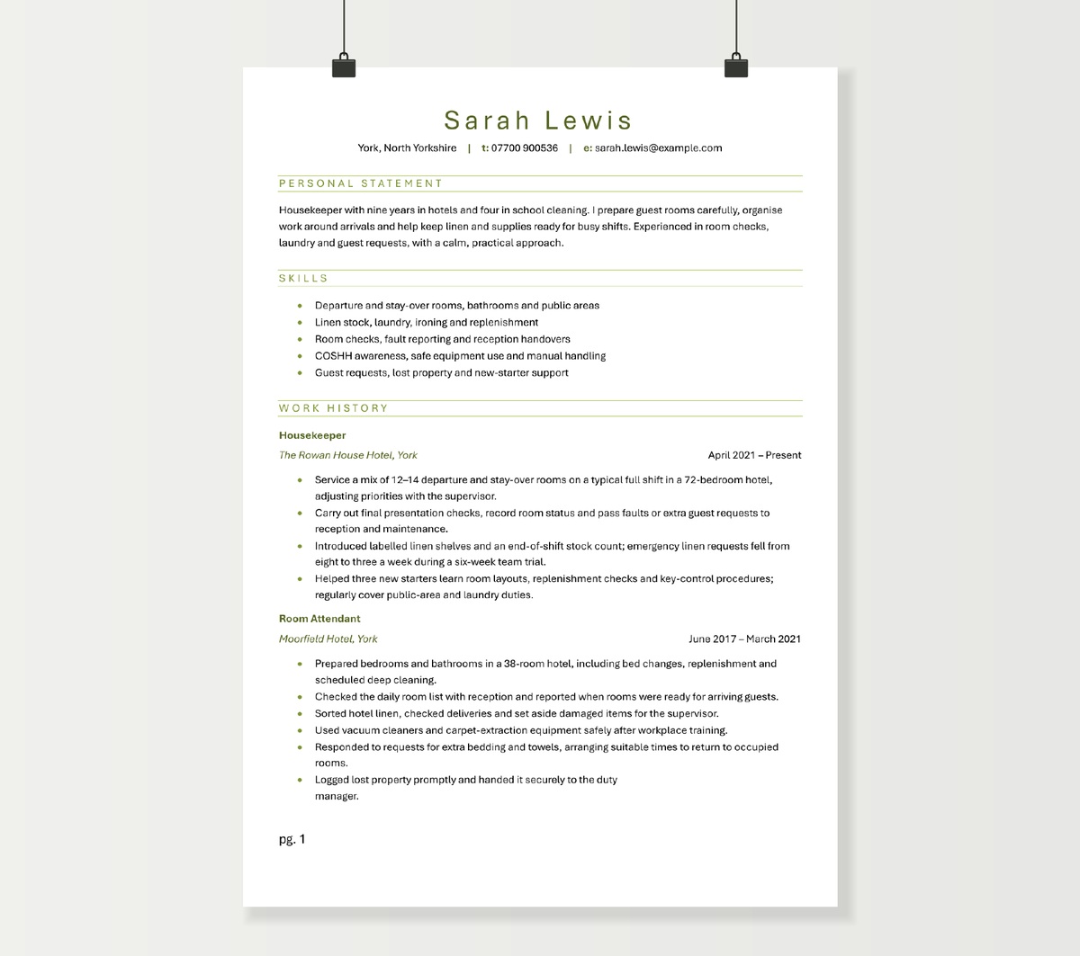 First page of Sarah Lewis’s housekeeper CV, showing hotel housekeeping skills and work experience