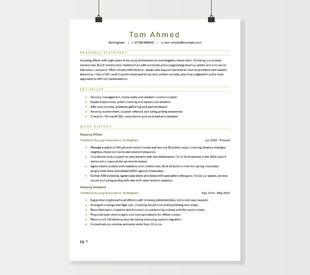 Two-page housing officer CV showing Tom Ahmed’s tenancy and neighbourhood experience, skills and qualifications