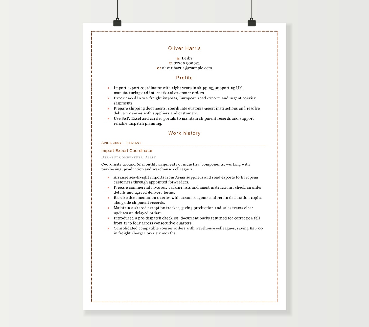 Two-page import export coordinator CV showing Oliver Harris’s shipping experience, qualifications and skills