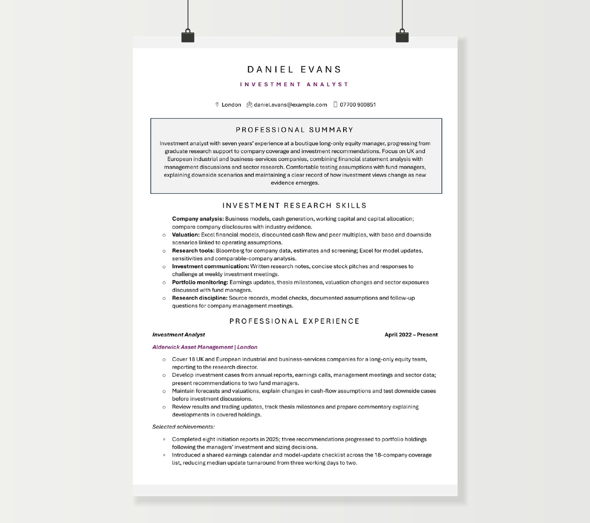 First page of Daniel Evans’s investment analyst CV, showing equity research skills and experience