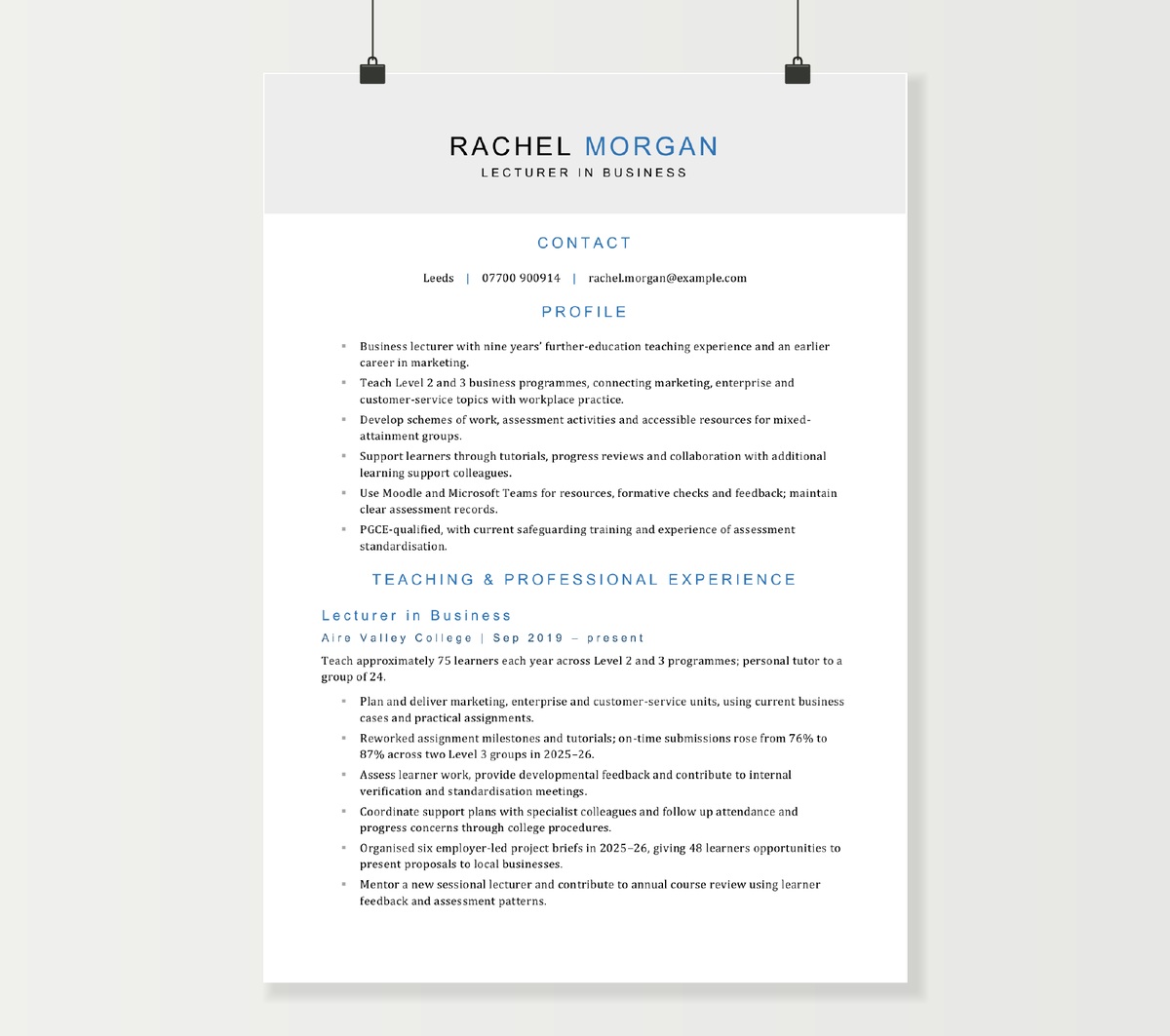Two-page lecturer CV showing Rachel Morgan’s business teaching experience, learner support and qualifications