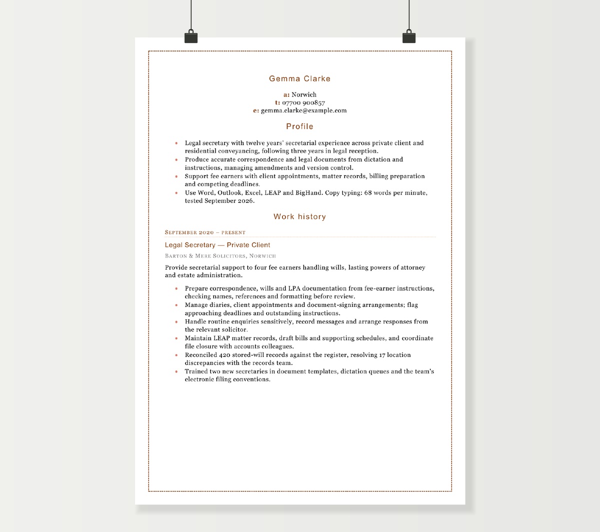 Legal secretary CV preview showing Gemma Clarke’s private client and conveyancing support experience