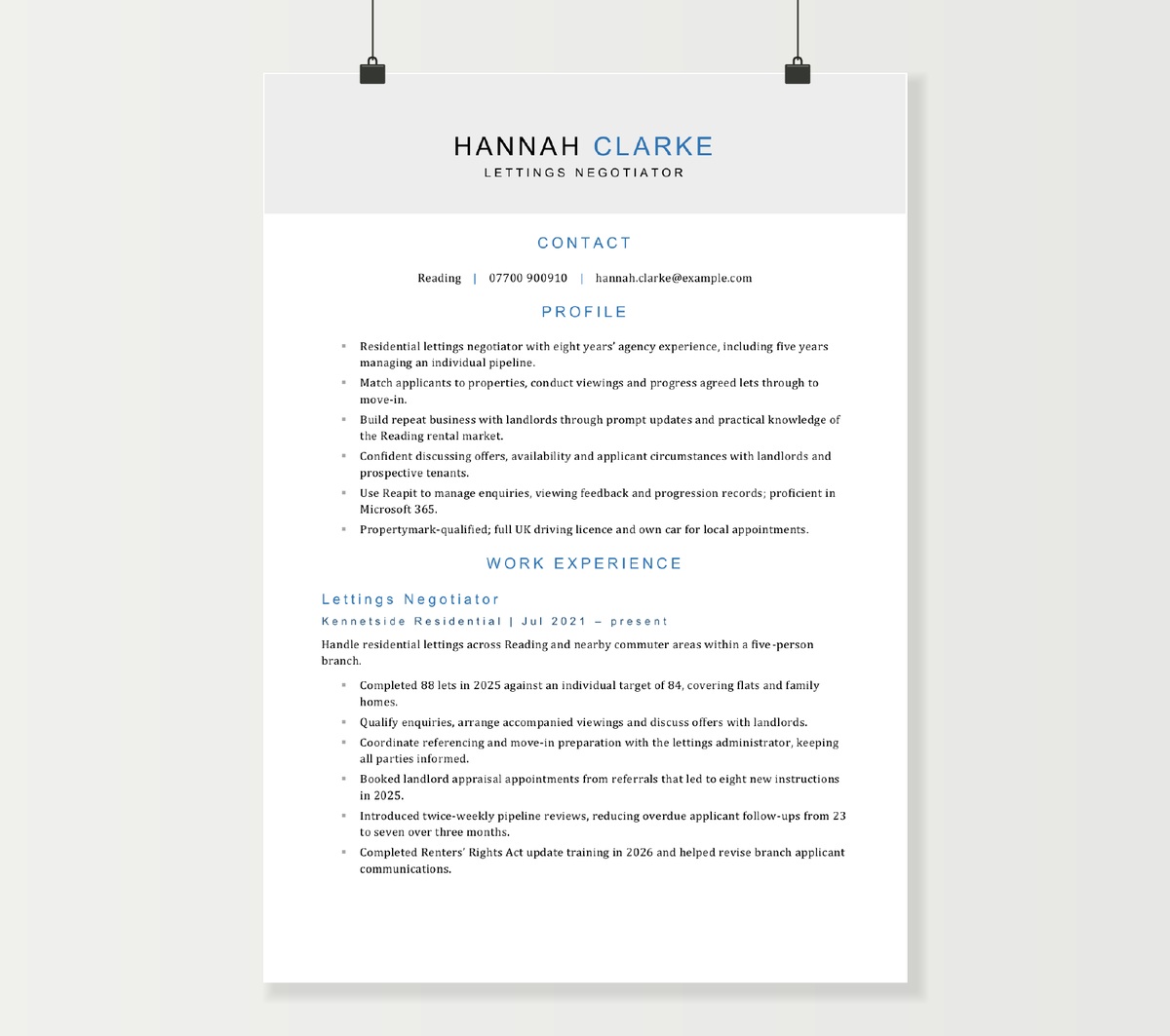 Lettings negotiator CV example showing Hannah Clarke’s profile and residential agency experience
