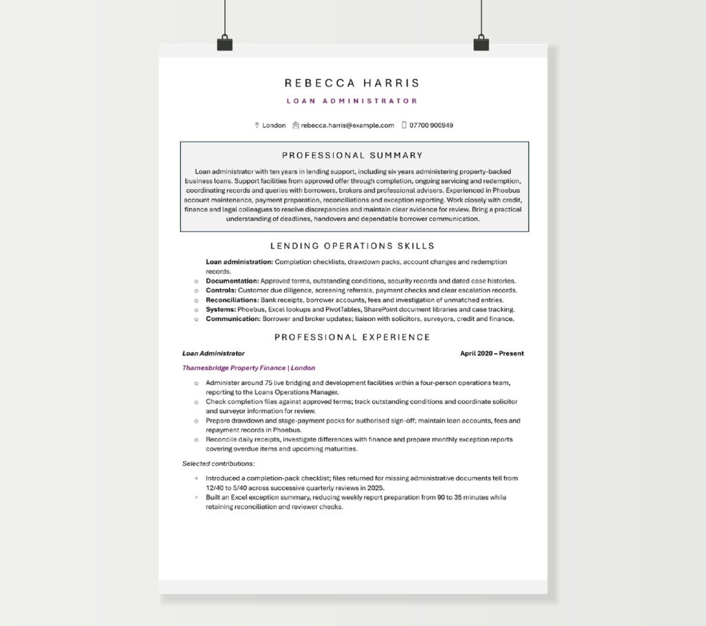 Loan administrator CV showing Rebecca Harris’s property lending and loan servicing experience