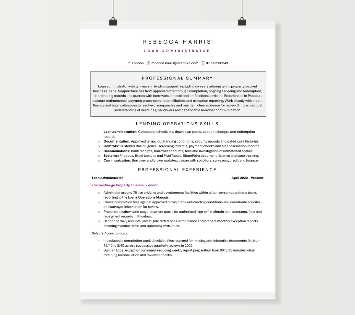 Loan administrator CV showing Rebecca Harris’s property lending and loan servicing experience