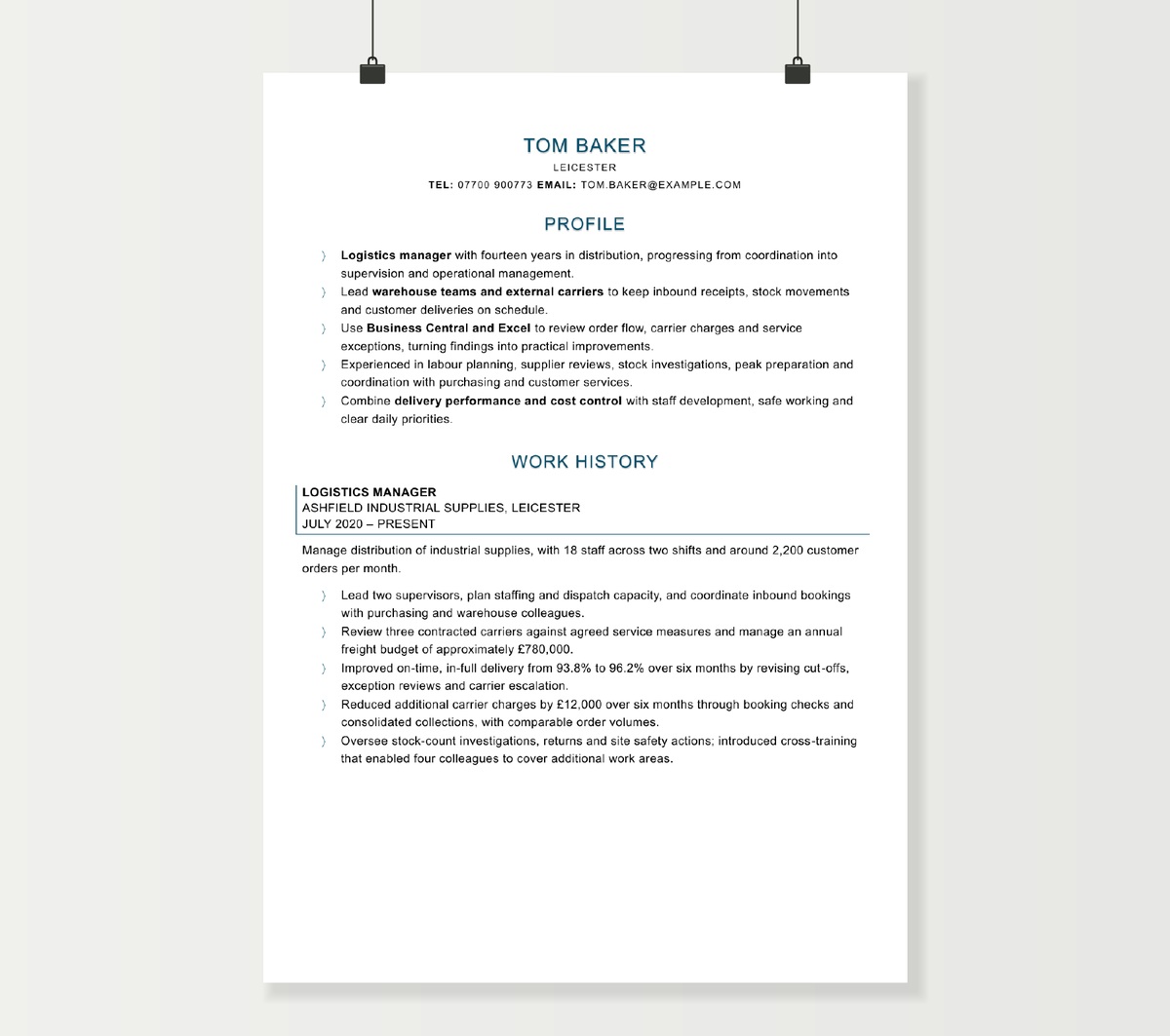First page of Tom Baker’s logistics manager CV, showing his profile and distribution-management experience.