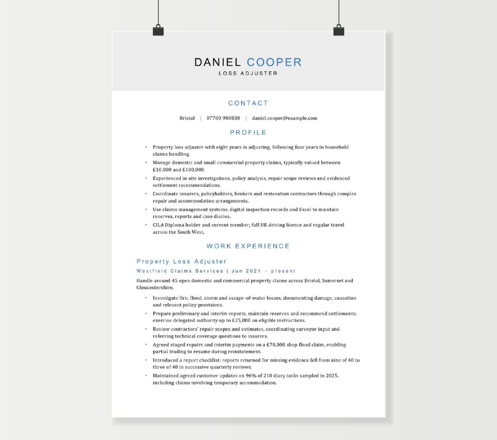Loss adjuster CV preview showing Daniel Cooper’s property claims experience and qualifications