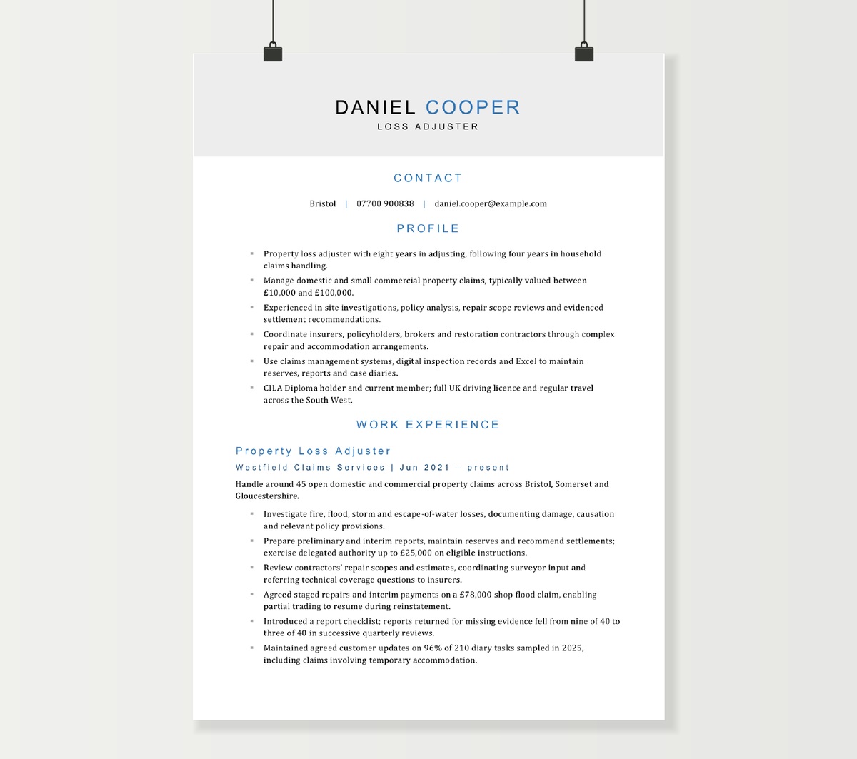 Loss adjuster CV preview showing Daniel Cooper’s property claims experience and qualifications