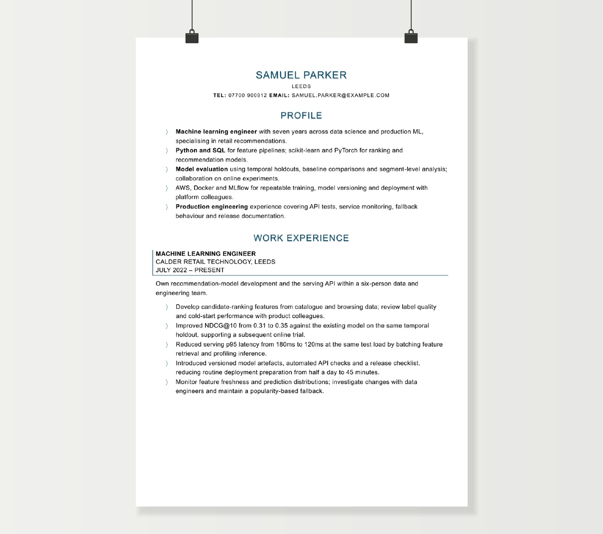 Two-page machine learning engineer CV showing Samuel Parker’s experience, technical skills and qualifications