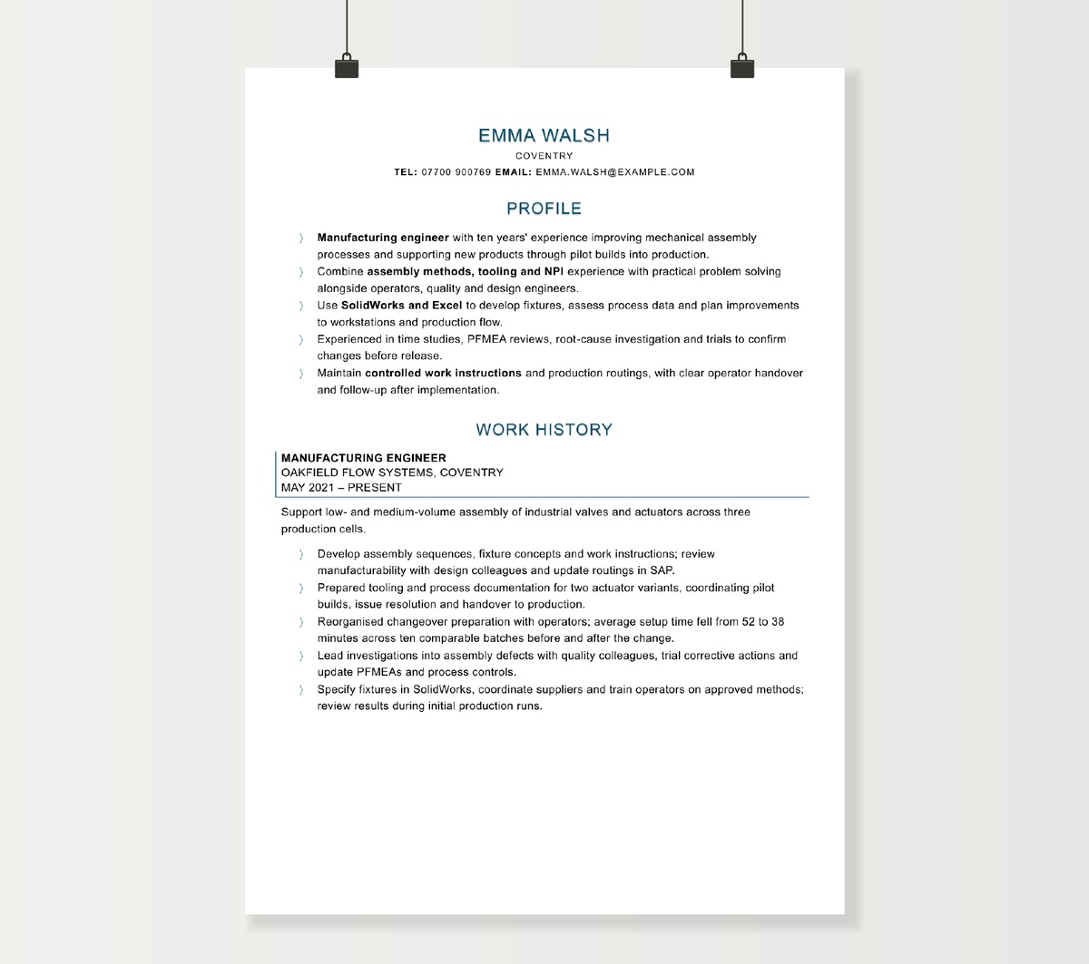 First page of Emma Walsh’s manufacturing engineer CV, showing assembly engineering experience in the blue chevron design
