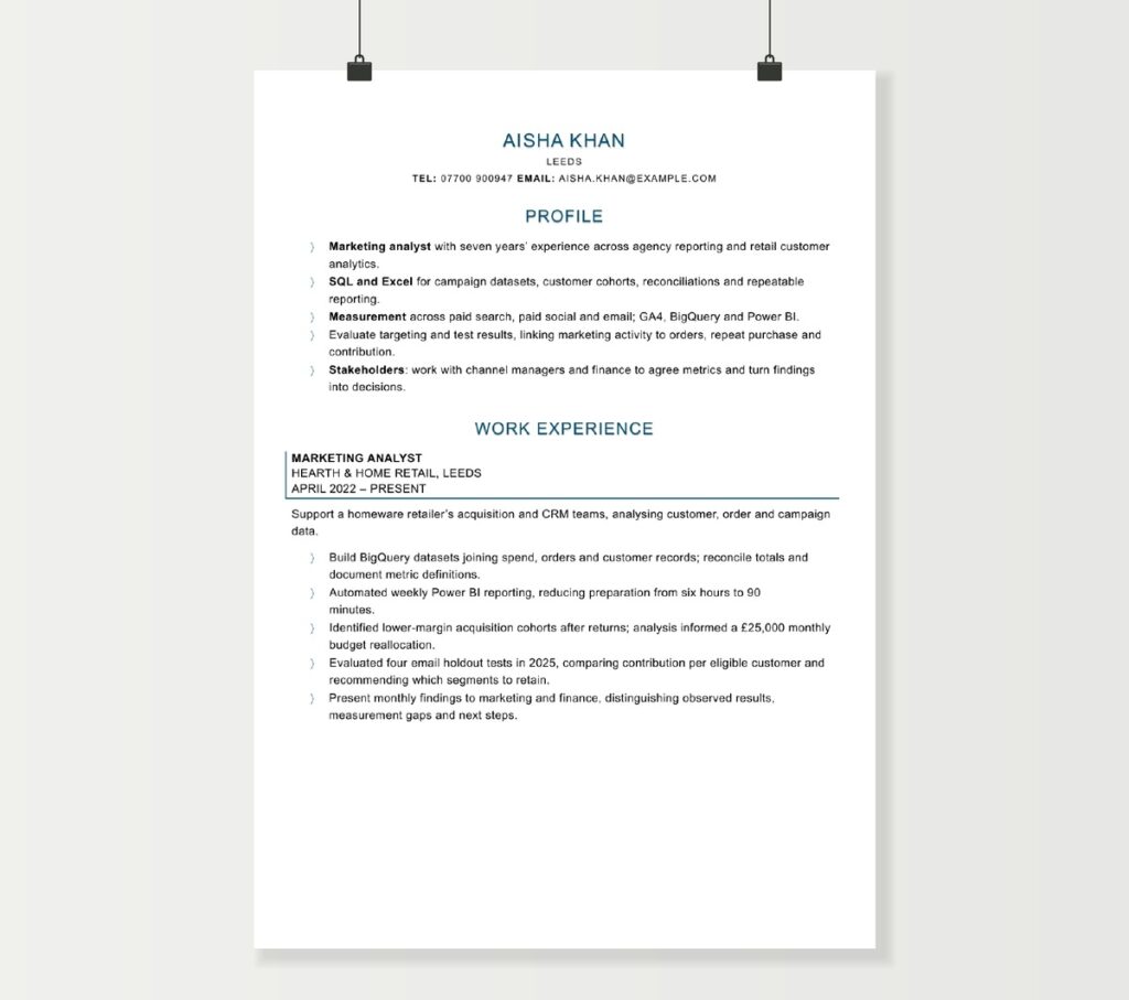 Marketing analyst CV showing Aisha Khan’s campaign measurement and customer analytics experience