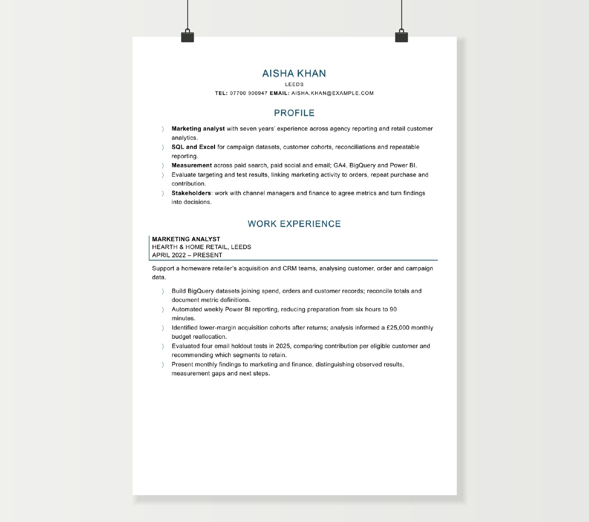 Marketing analyst CV showing Aisha Khan’s campaign measurement and customer analytics experience