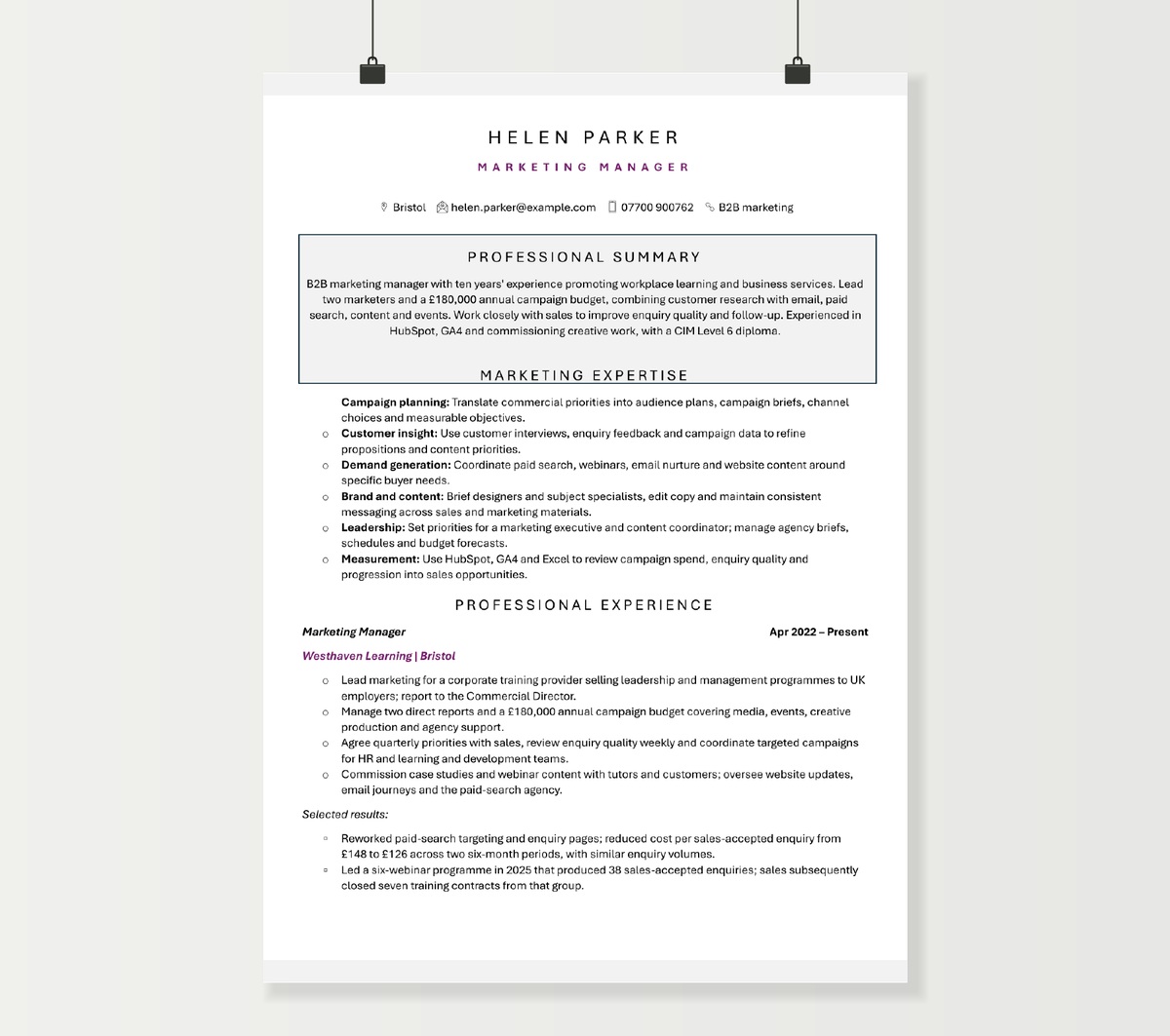 Marketing manager CV preview showing Helen Parker’s profile, campaign skills and experience in the purple Word design
