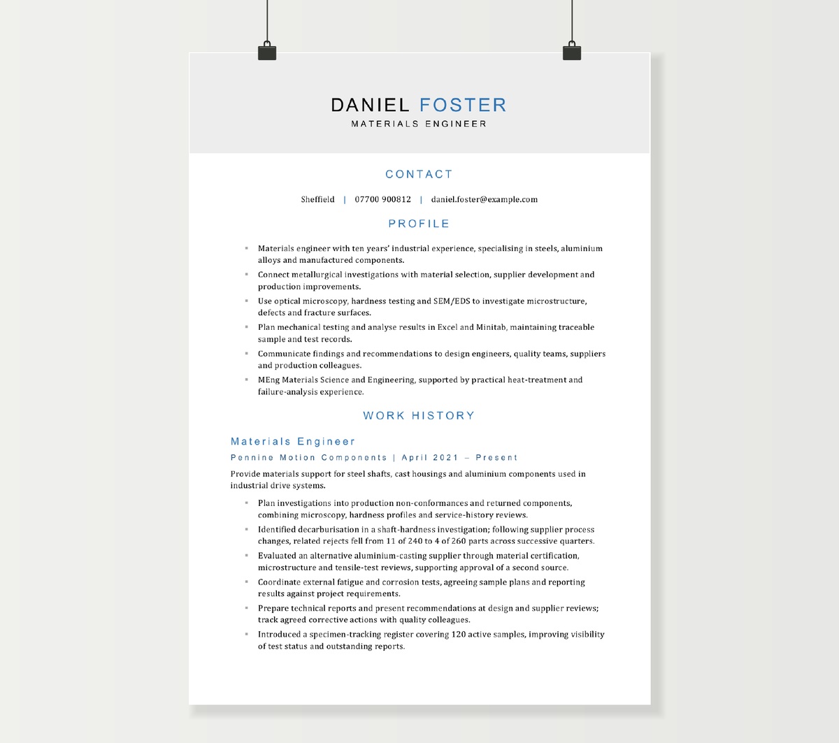 First page of Daniel Foster’s materials engineer CV, showing the profile and current engineering role.