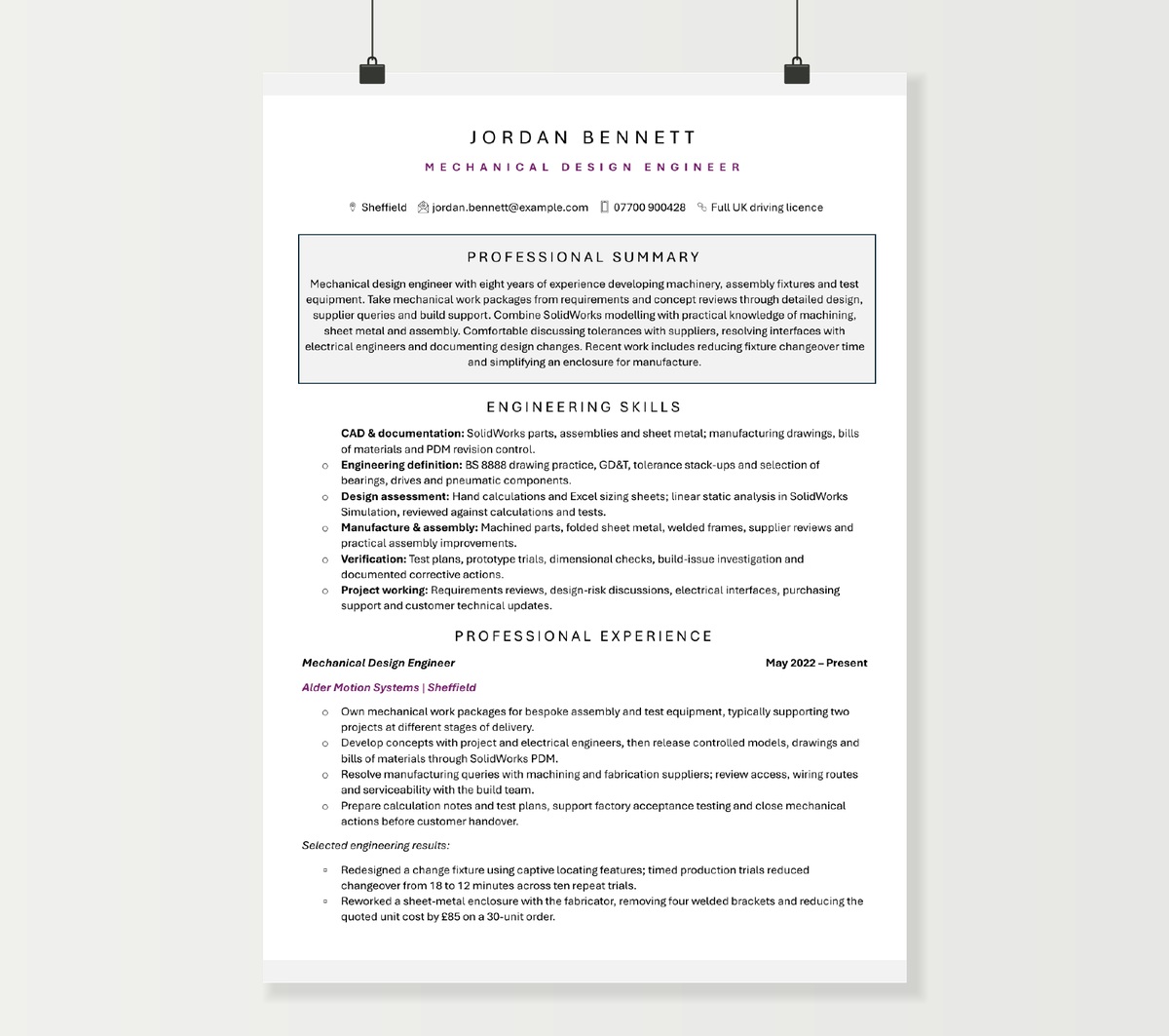 First page of Jordan Bennett’s mechanical design engineer CV, with a grey profile panel, engineering skills and purple accents